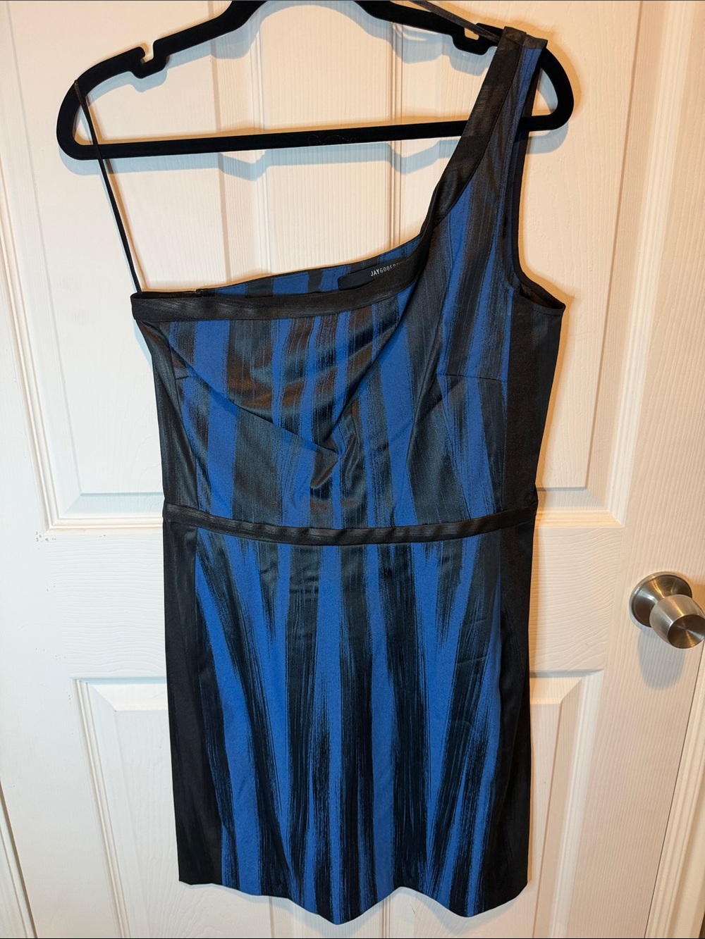 JAYGODFREY Blue and Black One-Shoulder Sheath Dress